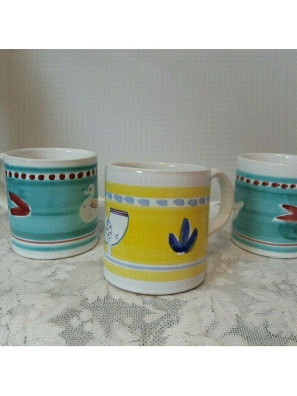 Made in ITALY CERAMIC pottery MUGS hand painted BIRD DUCKS 14OZ